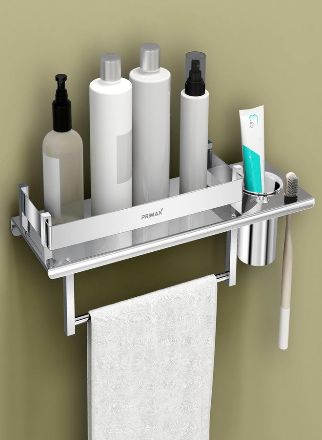 Primax Stainless Steel Nickel 3 in 1 Multipurpose Bathroom Shelf, Towel Hanger (Chrome, Silver, 15 x 5 Inches) - Image 1